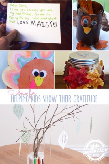 10 Gratitude Activities for Kids - a thankful tree made with twigs, a gratitude jar with decoupage leaves- Kids Activities Blog