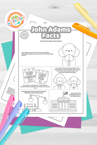 Black and white John Adams facts for kids and cute pictures to go with each fact; on top of blue-green and purple sheets with assorted crayons on a dark grey background.