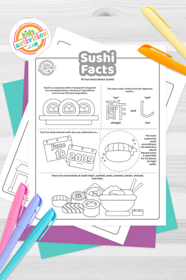 Black and white sushi facts for kids and cute pictures to go with each fact; on top of blue-green and purple sheets with assorted crayons on a dark grey background.