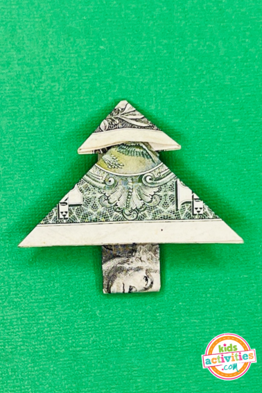 Finished result - Christmas tree dollar bill origami - tutorial from Kids Activities Blog