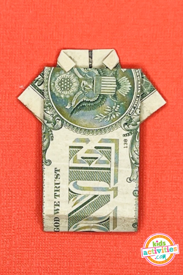 Finished result dollar bill origami shirt - tutorial from Kids Activities Blog