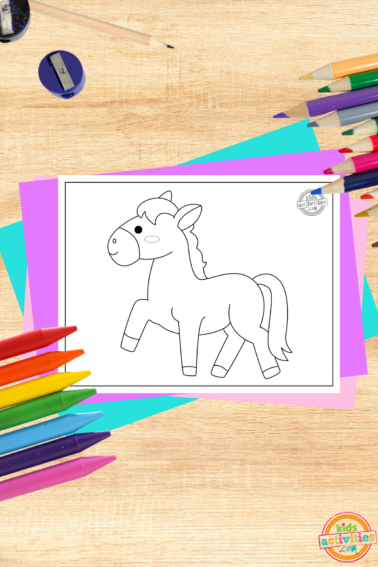 Horse coloring page on wooden background with coloring supplies- kids activities blog
