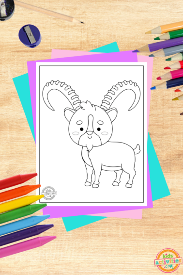 Ibex coloring page printed pdf on wood background with coloring supplies- kids activities blog