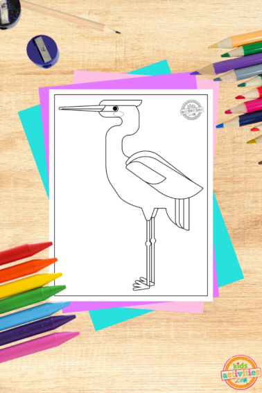 Free printable ibis coloring page printed pdf on wood background with coloring supplies- kids activities blog