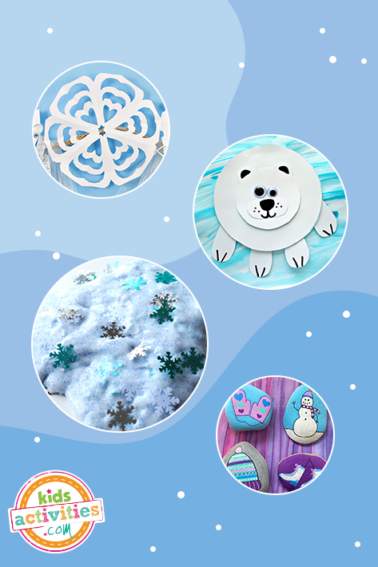 Image shows different winter crafts for kids, such as a paper plate polar bear, DIY snow, rock painting. Ideas from Kids Activities Blog.